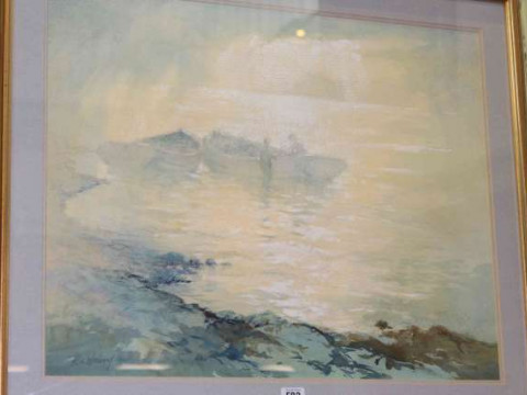 Robert Leslie Howey (1900-1981), Two figures and boats by the waters edge,...
