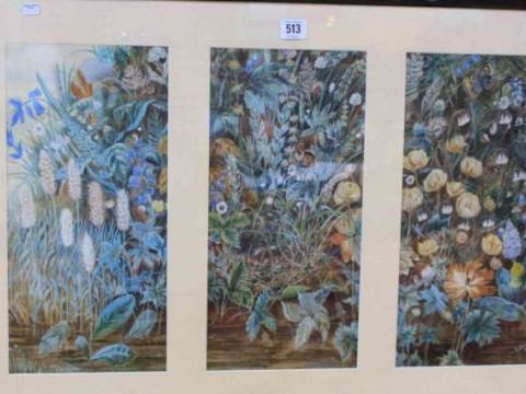 M*** Gaines, a triptych of flora and a nest, watercolours, framed as one