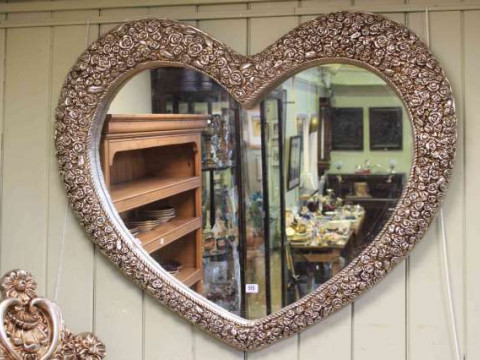 Contemporary heart-shaped silvered mirror