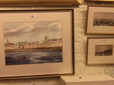 Norma Howard, watercolours; engraving of Hartlepool, etc