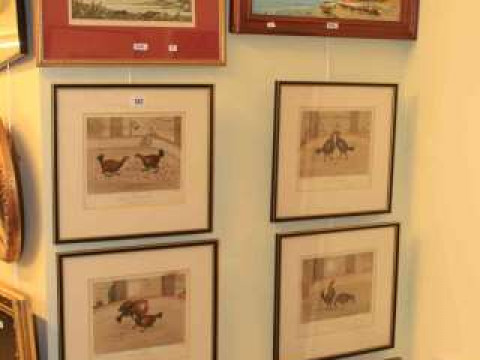 Collection of pictures including cock fighting engravings after Stock