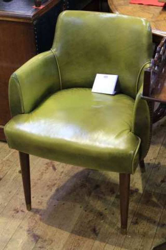 Vintage green leather and brass studded occasional armchair