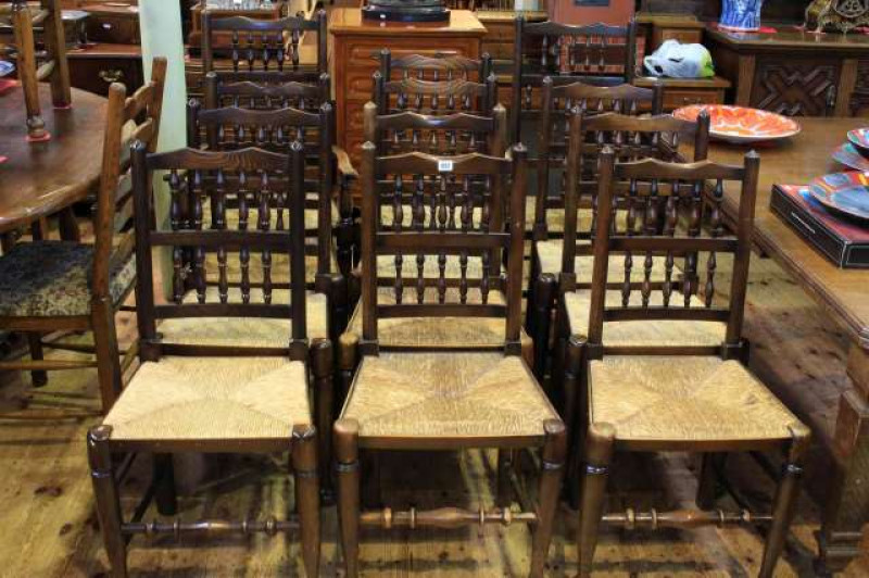 Set of twelve country style spindle back and rush seat dining chairs (10x2)