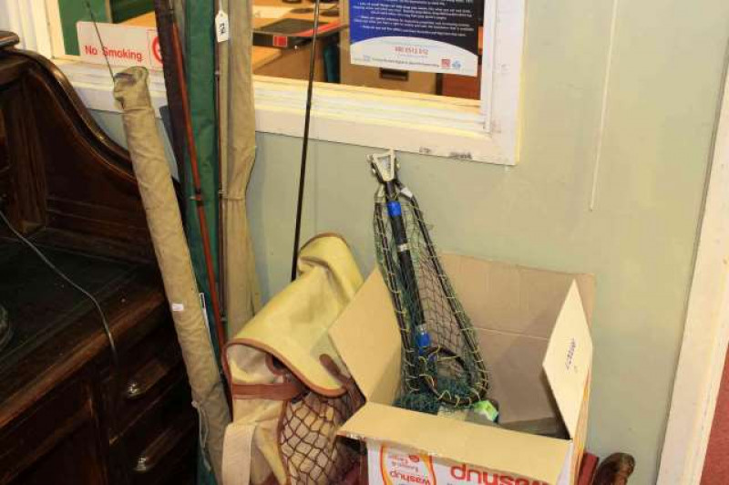Collection of fishing rods, reels, landing net, bag, flies, etc