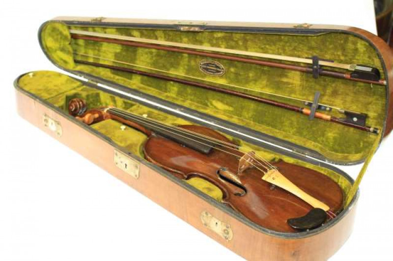 English violin, circa mid 19th Century, back length 360mm, branded Callano on neck, case with two bows