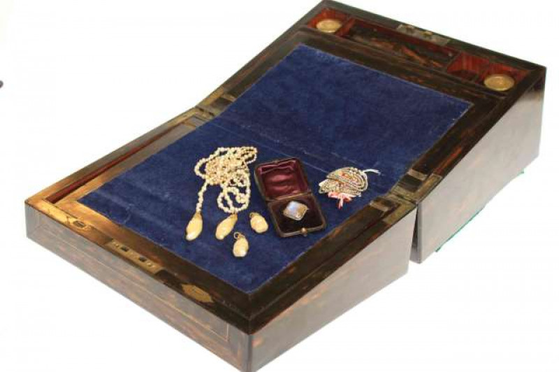 19th Century coromandel writing box and selection of jewellery