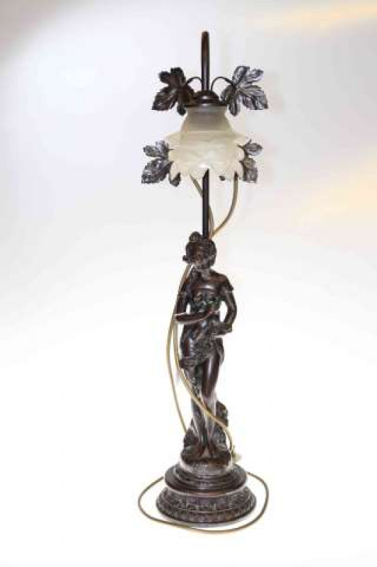 Figural table lamp with frosted shade
