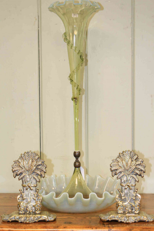 Pair brass harvest fireside ornaments and vaseline epergne