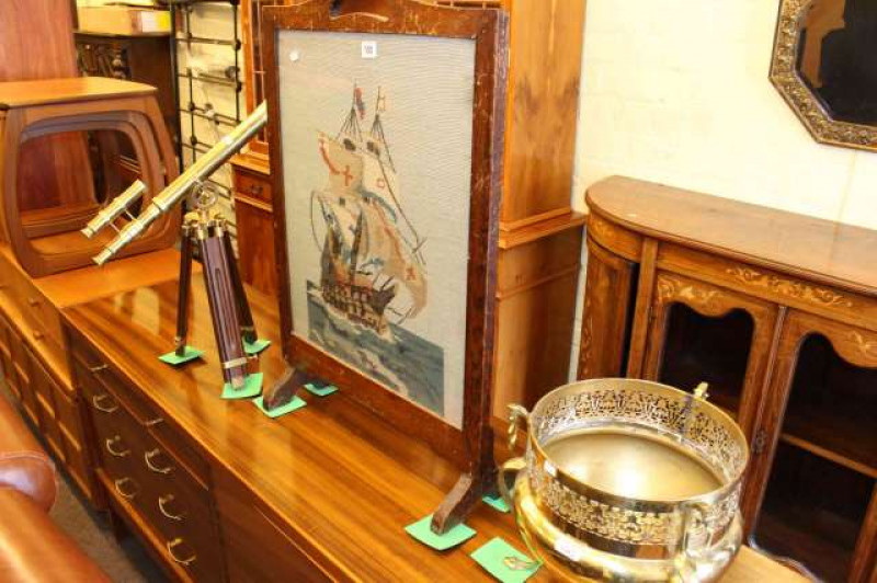 Pierced brass jardiniere, brass telescope and needlework firescreen
