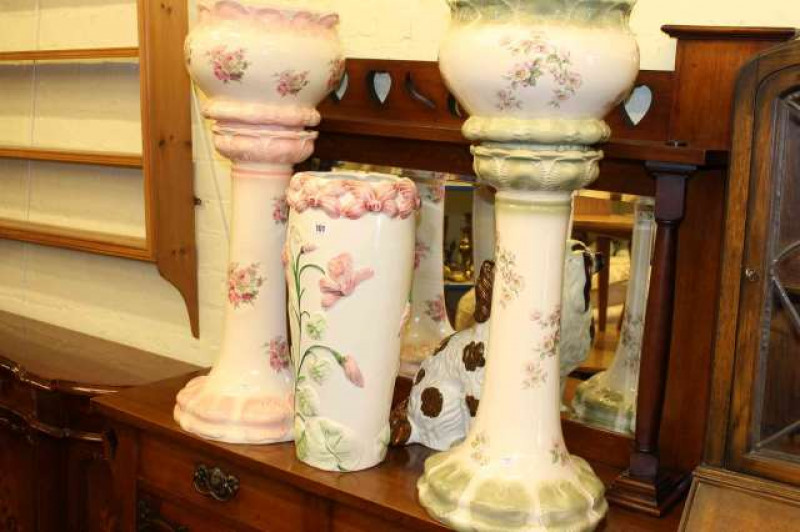 Two jardinieres and stands, pottery vase and Staffordshire dog