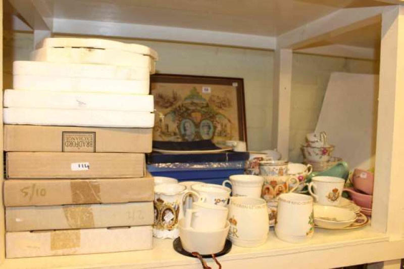 Collectors plates, commemorative china, Old Foley soup bowls and saucers, Chelsea tea set, etc