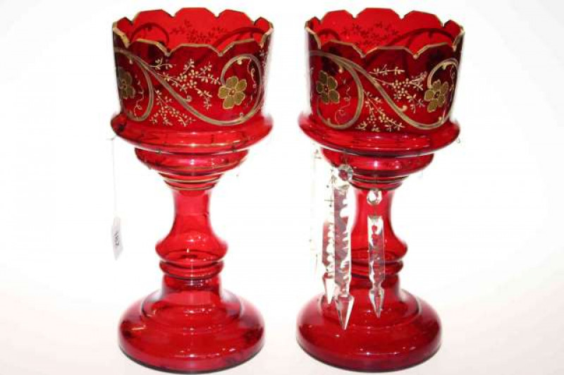Pair of ruby glass with gilt decoration table lustres with drops