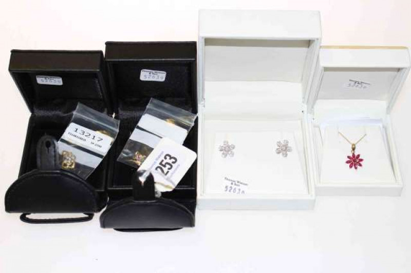 Pair of gold and diamond earrings, jewelled pendant necklace and two gold and jewelled pendants