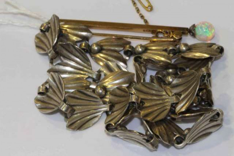 9 carat gold and opal bar brooch; and a Danish sterling silver necklace (2)