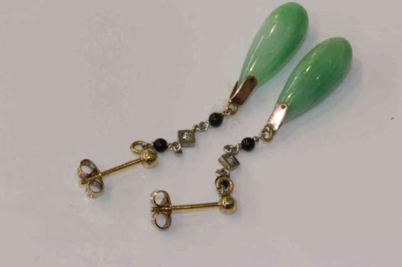 Pair of jadeite, onyx and diamond earrings