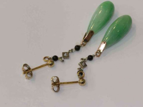 Pair of jadeite, onyx and diamond earrings