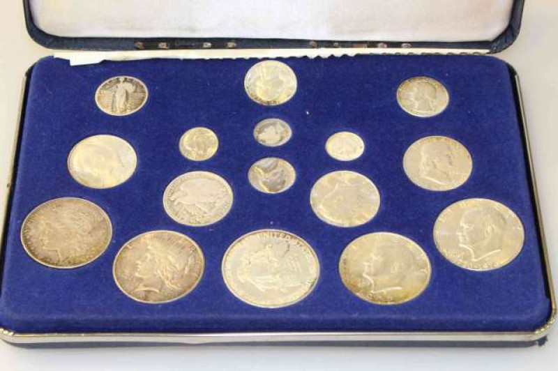 Cased set of silver coins, 100 years of United States silver coins