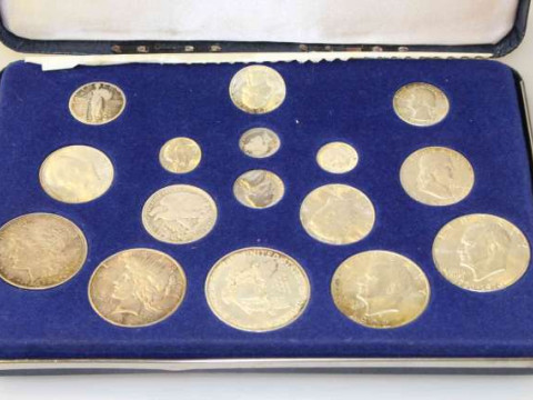 Cased set of silver coins, 100 years of United States silver coins