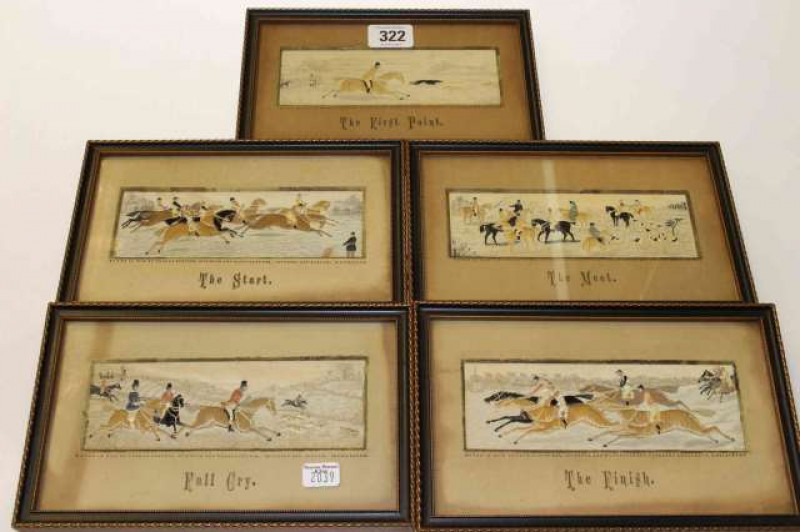 Thomas Stevens, five stevengraphs: The Meet, The Start, The First Point, Full Cry and The Finish (5)