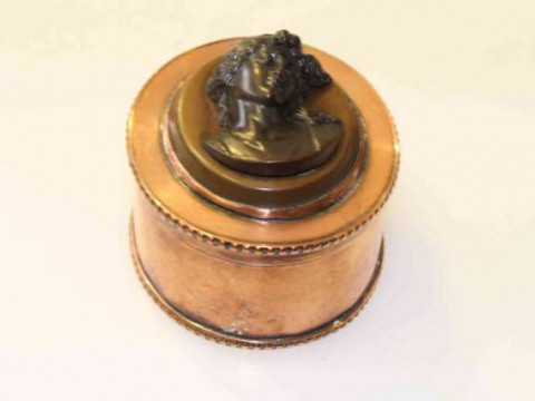 19th Century oval copper box with relief portrait medallion to the cover