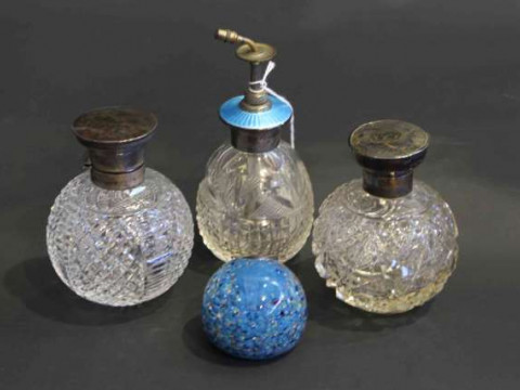Silver and enamel topped cut glass perfume bottle, two silver and tortoiseshell...