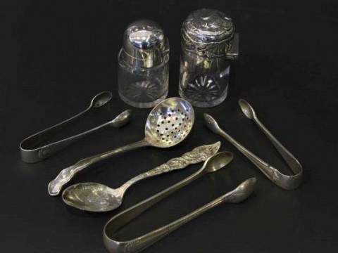 Two silver topped salts, jars, etc