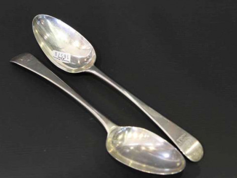 Pair of Georgian silver tablespoons, engraved with a crest