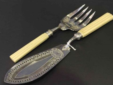 Pair of Victorian silver and ivory handled fish servers, Martin Hall &...