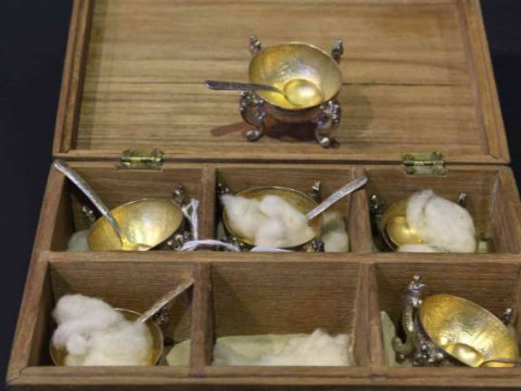 Set of six Oriental white and gilt metal salts and spoons, probably Chinese,...