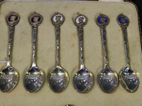 A set of six silver and enamel Coronation teaspoons, William Hair Haseler,...