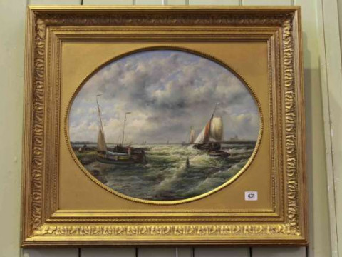 L*** Ramone, Coastal Shipping, signed lower centre, oval, oil on board,...