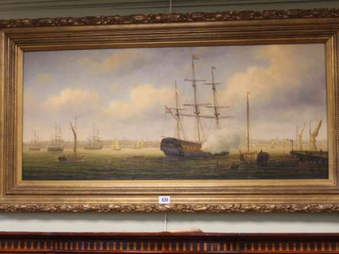Firing The Canons, signed lower left, oil on canvas, framed