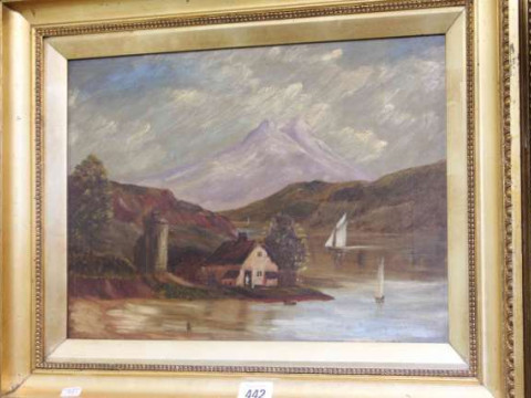 Primitive School, Angler, oil on canvas, framed