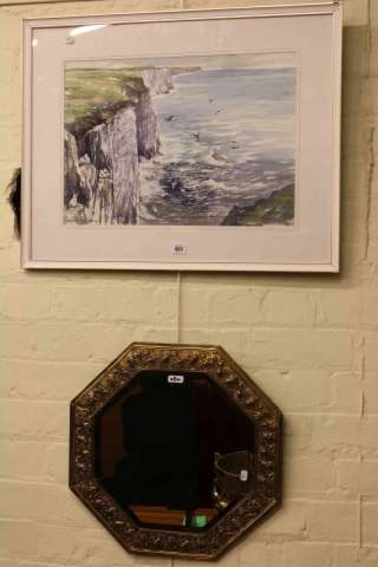Walter Parker watercolour of Bempton Cliffs and brass framed octagonal wall mirror