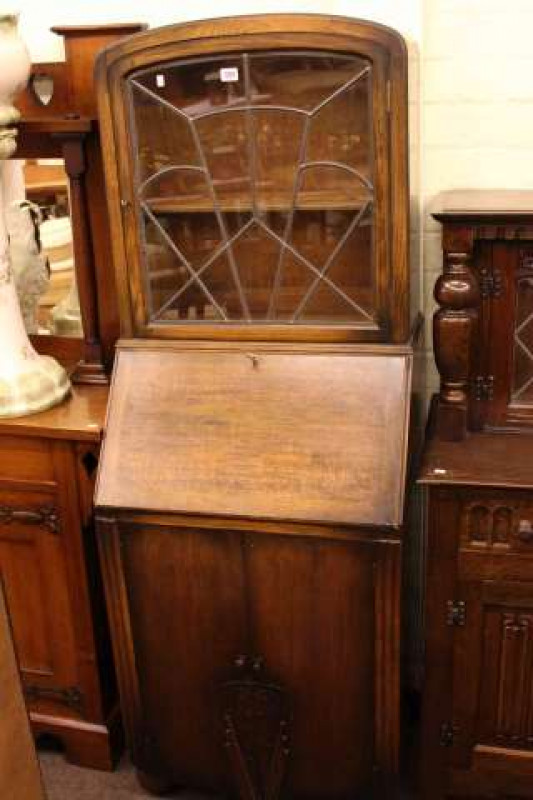 Oak bureau with leaded glass display top