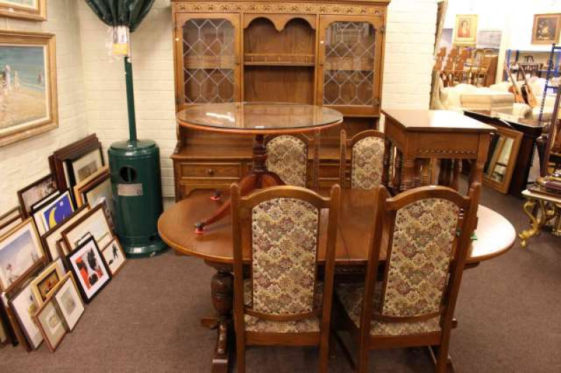 Old Charm style six piece dining suite comprising wall unit, dining table and four Parker Knoll chairs