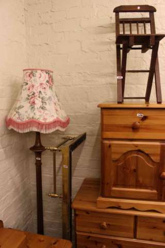 Edwardian inlaid mahogany bedroom chair, child's folding chair, brass kerb and oak standard lamp and shade