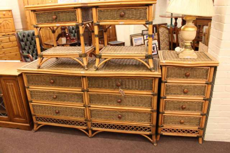 Four piece canework bedroom suite comprising large chest of six drawers in two banks of three, four height chest and two single drawer pedestals