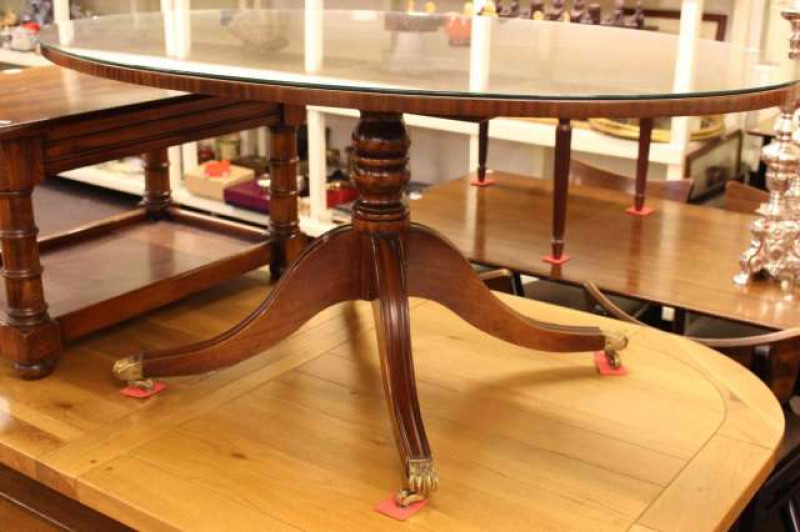 Oval mahogany coffee table raised on four leg pedestal to brass paw castors