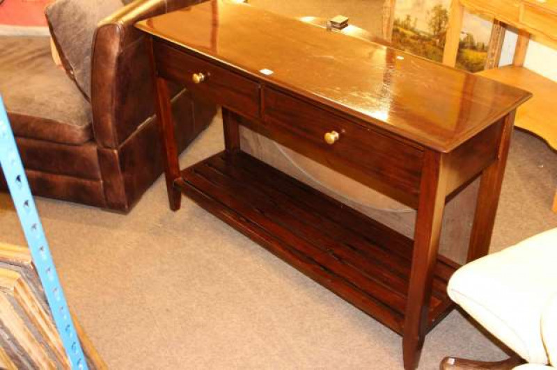 Mahogany finish two drawer side table with lattice undershelf