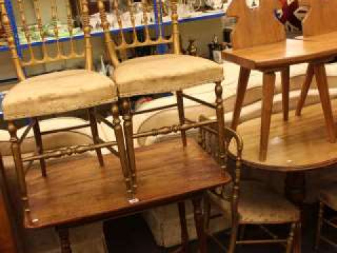 Mahogany occasional table, four gilt finish bedroom chairs and three pitch...