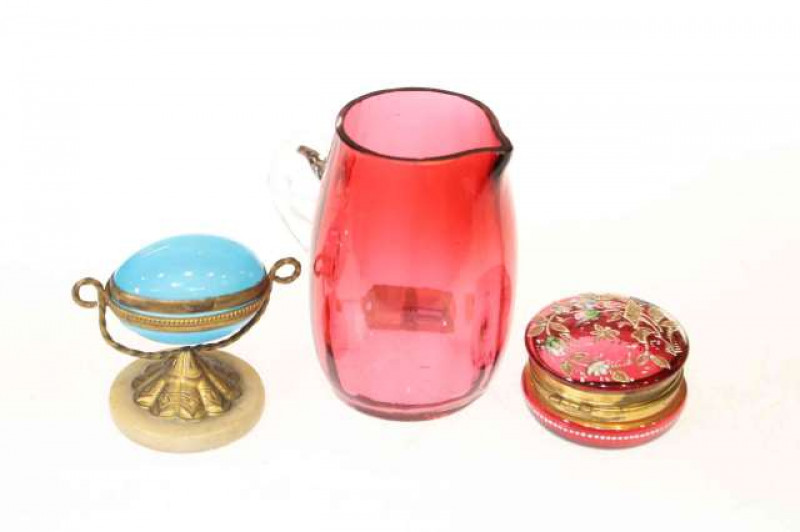 Cranberry glass jug, pill box and jewel box