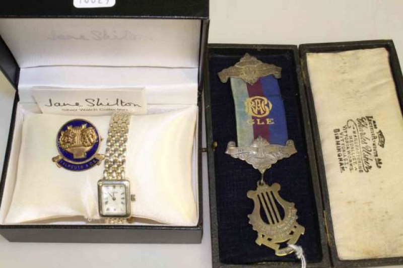 Silver lodge medal, badge and wristwatch