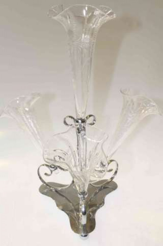Silver-plated and etched glass epergne