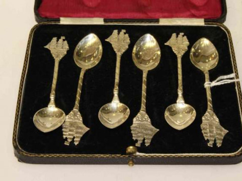 Set of six Continental silver galleon spoons