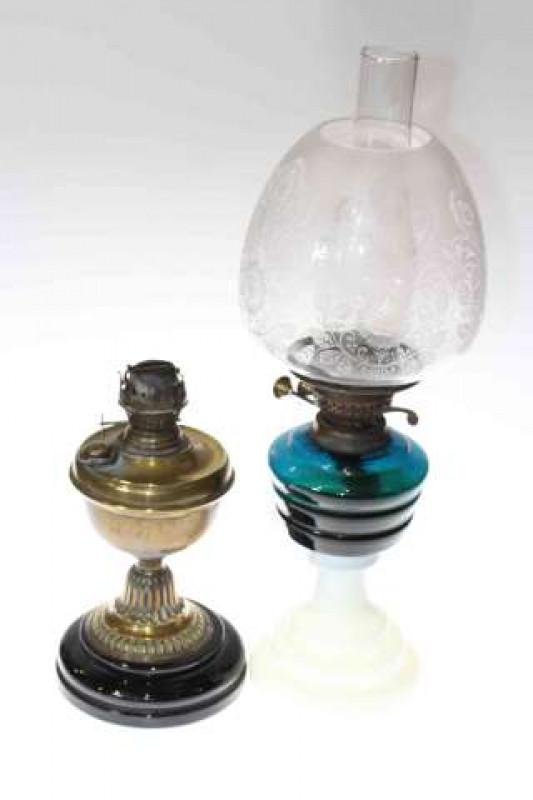Brass oil lamp base and white and green glass based oil lamp with etched glass shade