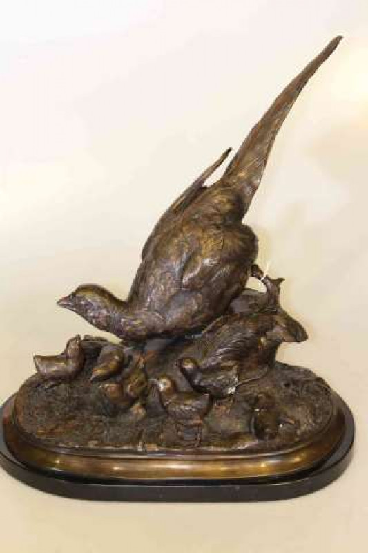 Bronzed pheasant and chicks on marble base
