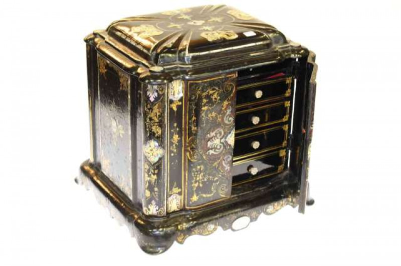 Papier mache and mother of pearl inlay table cabinet with lidded top and double doors enclosing four drawers