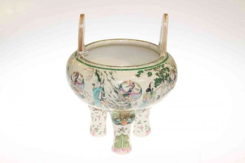 Japanese enamel decorated koro with raised and figure decoration