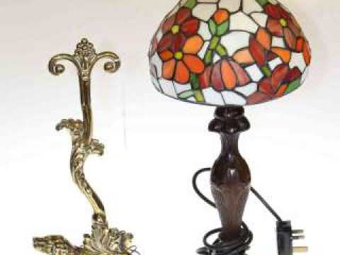 Brass dog doorstop and Tiffany style lamp